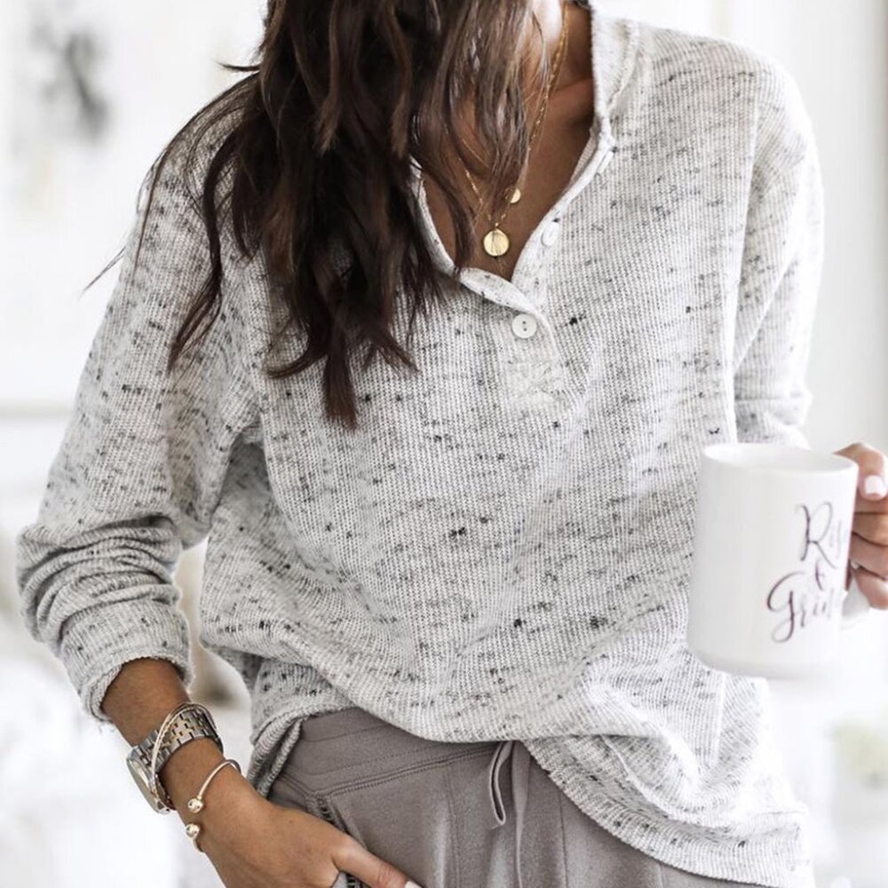 NWOT Cozy Gray Speckled White Long-Sleeve Henley Top